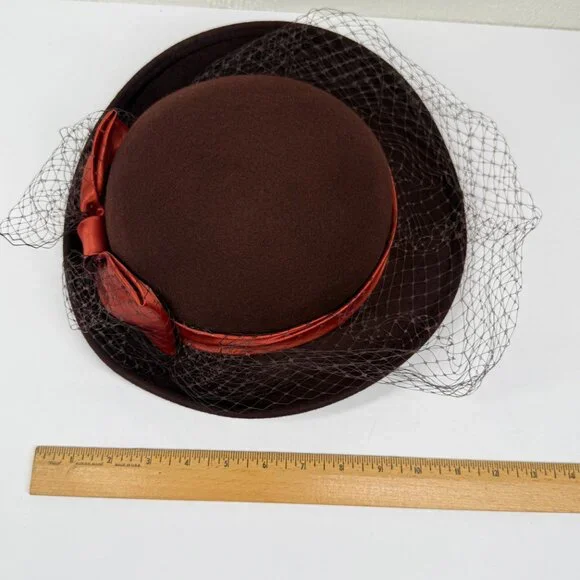 Vintage Georgi Brown Felt Hat Satin Bow Netting Accent Made in USA - Picture 7 of 8